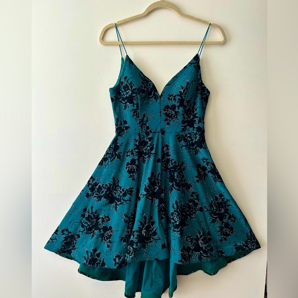 B Darlin Dress, Green/Blue V-neck dress with black flowers and rhinestones.